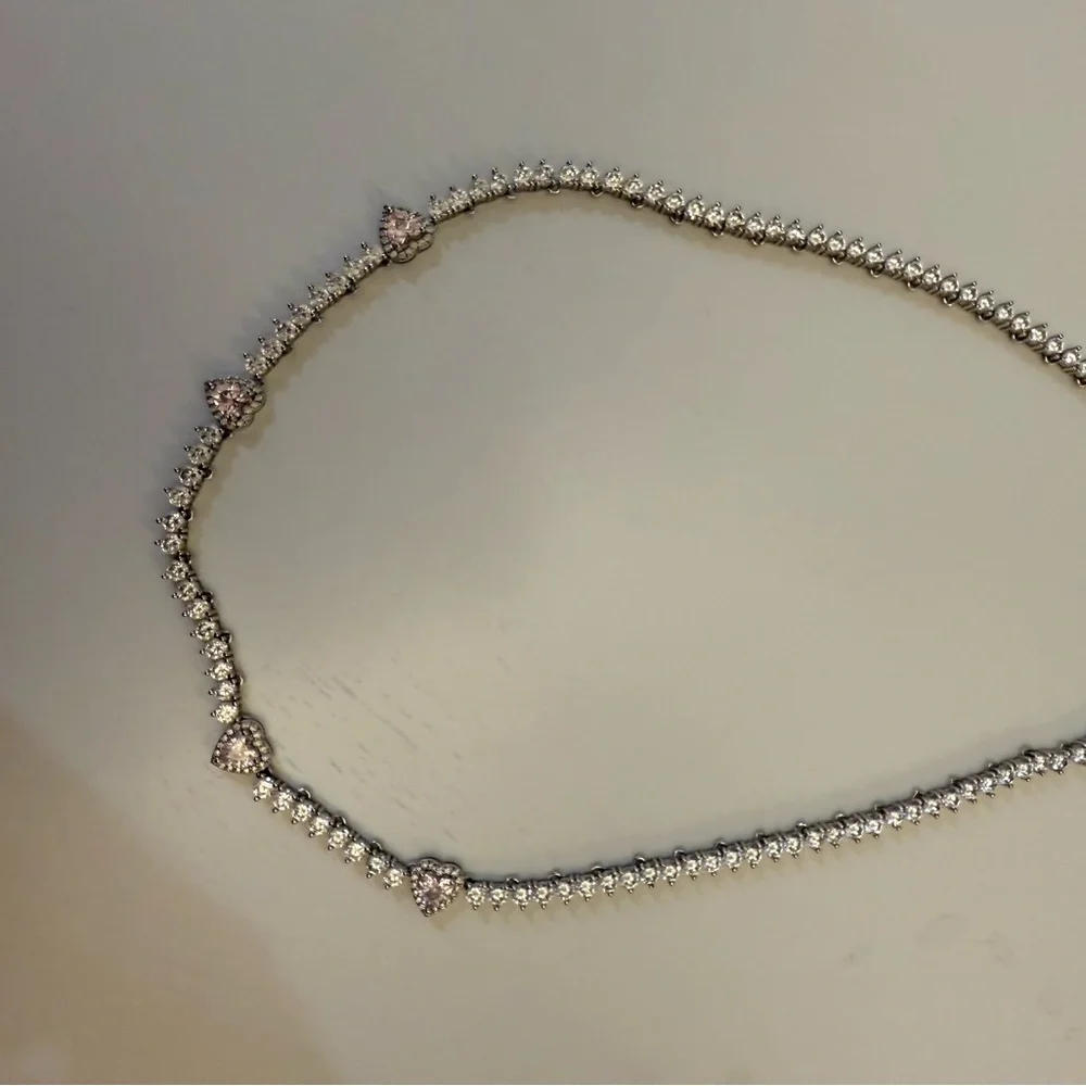 Elegant Silver with Pink Heart Tennis Necklace as seen in Vogue - Picture 5 of 6